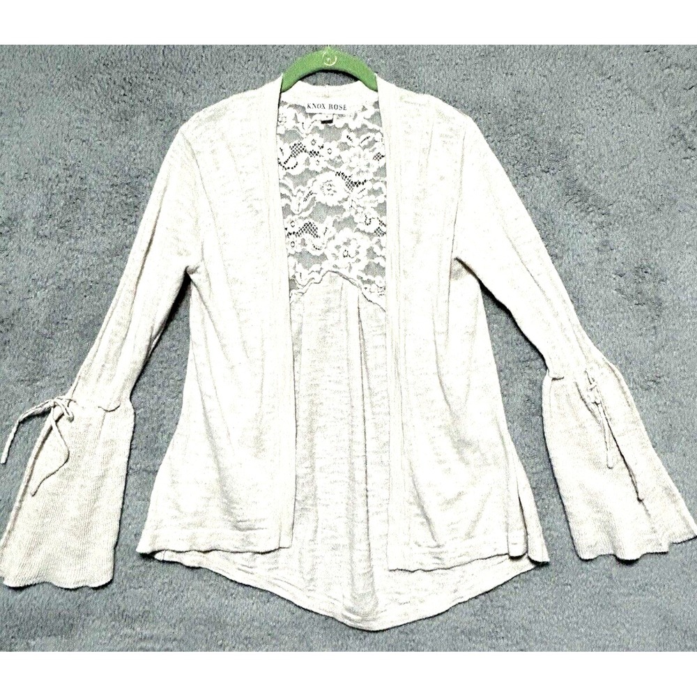 Knox Rose Beige Boho Lace Back Blouse Small Flared Bell Sleeve Open Cardigan